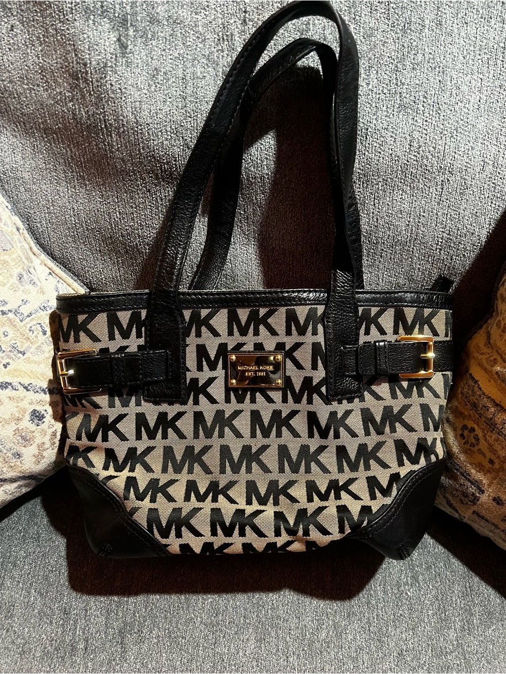 Michael Kors Black and Natural MK Logo Tote with Gold Hardware